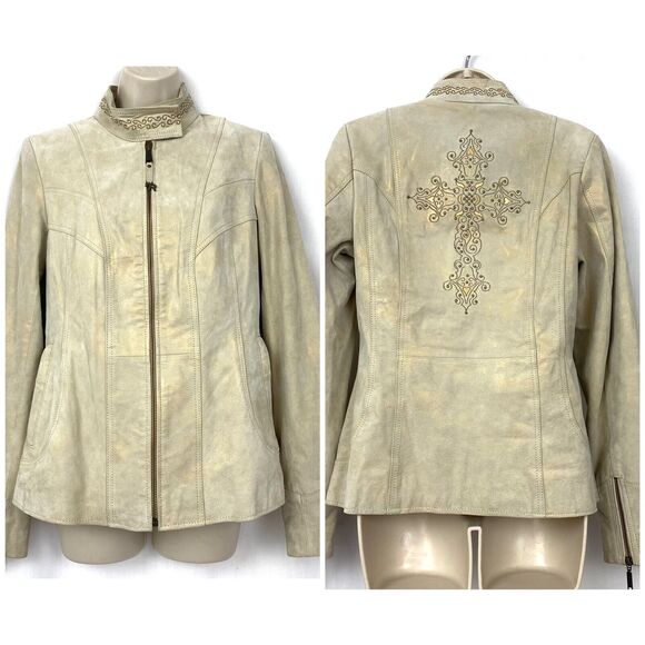 Powder River Panhandle Slim Leather Jacket Small Beige Studded Embroidered Cross - Picture 1 of 12
